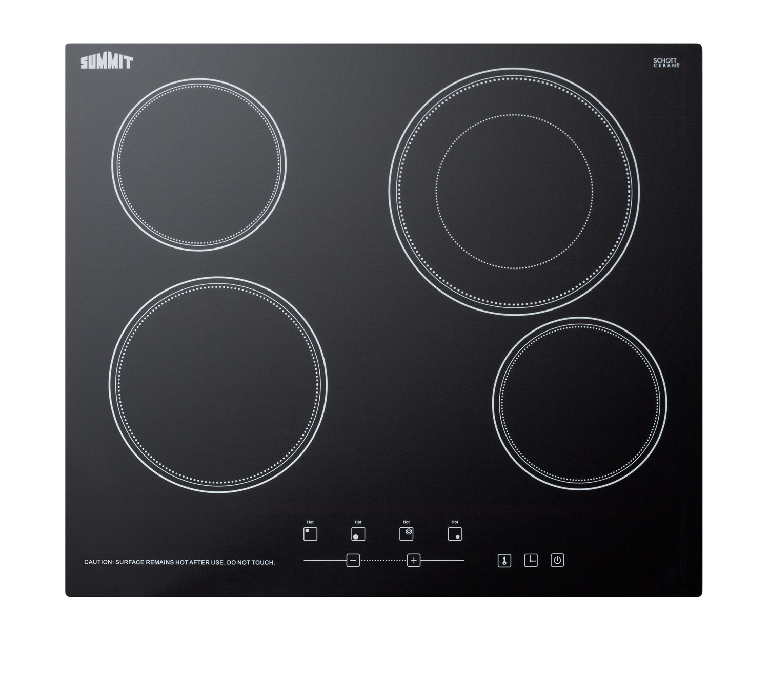 230V 4-burner cooktop in black ceramic Schott glass with digital touch controls and an extra large 8